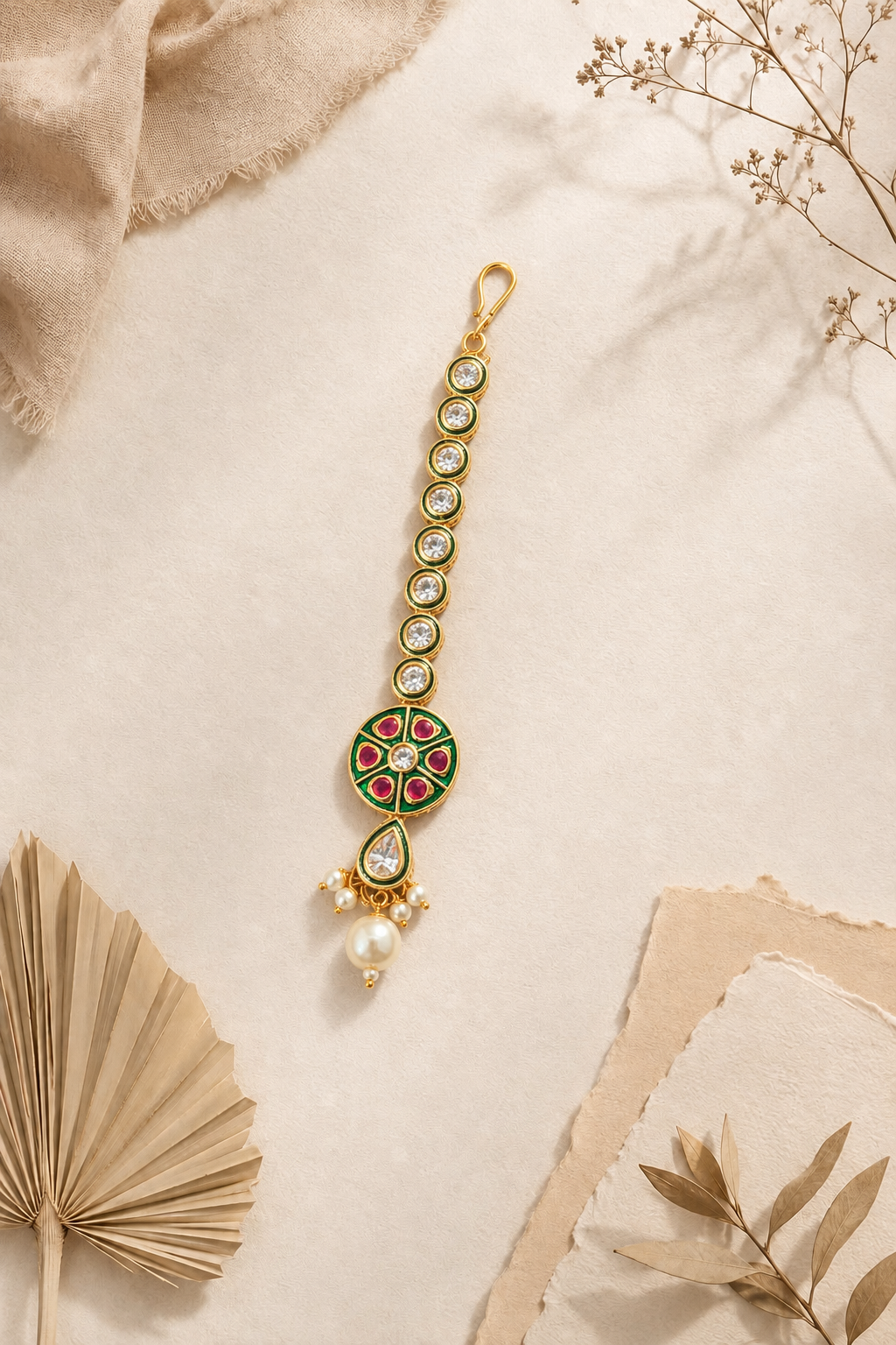 Kundan Stone Embellished Maang Tikka - Red & Green