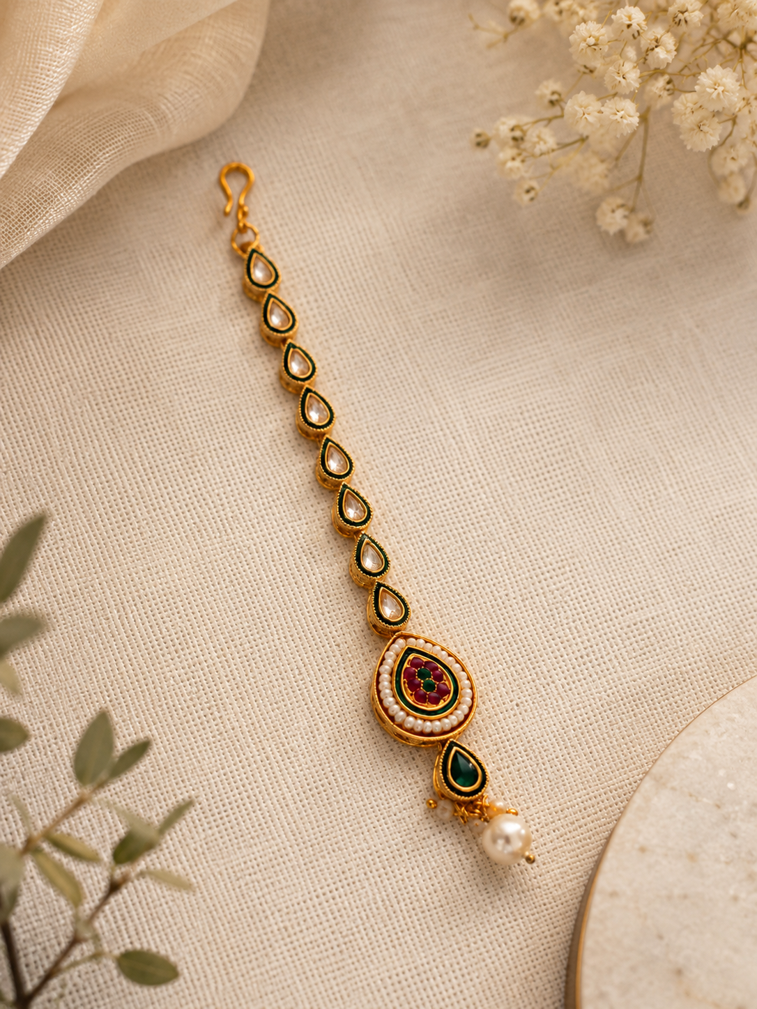Kundan Stone Embellished Maang Tikka - Red & Green