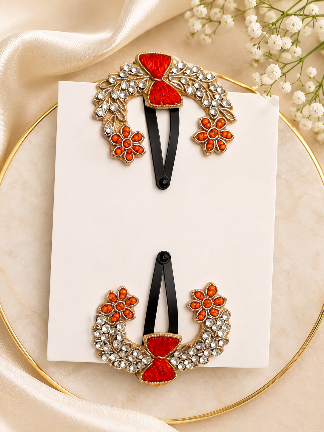 Ethnic Zardozi Beaded Stone Flower Moon Hair Clip - Gold Orange- Set of 2