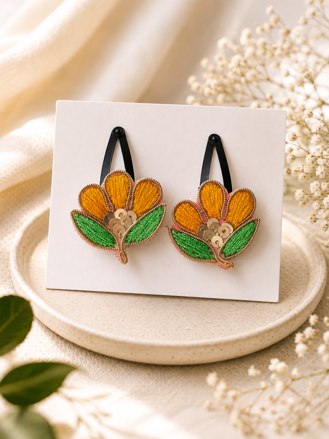 Ethnic Flower Hand Embroidered Hair Clip  Set Of 2
