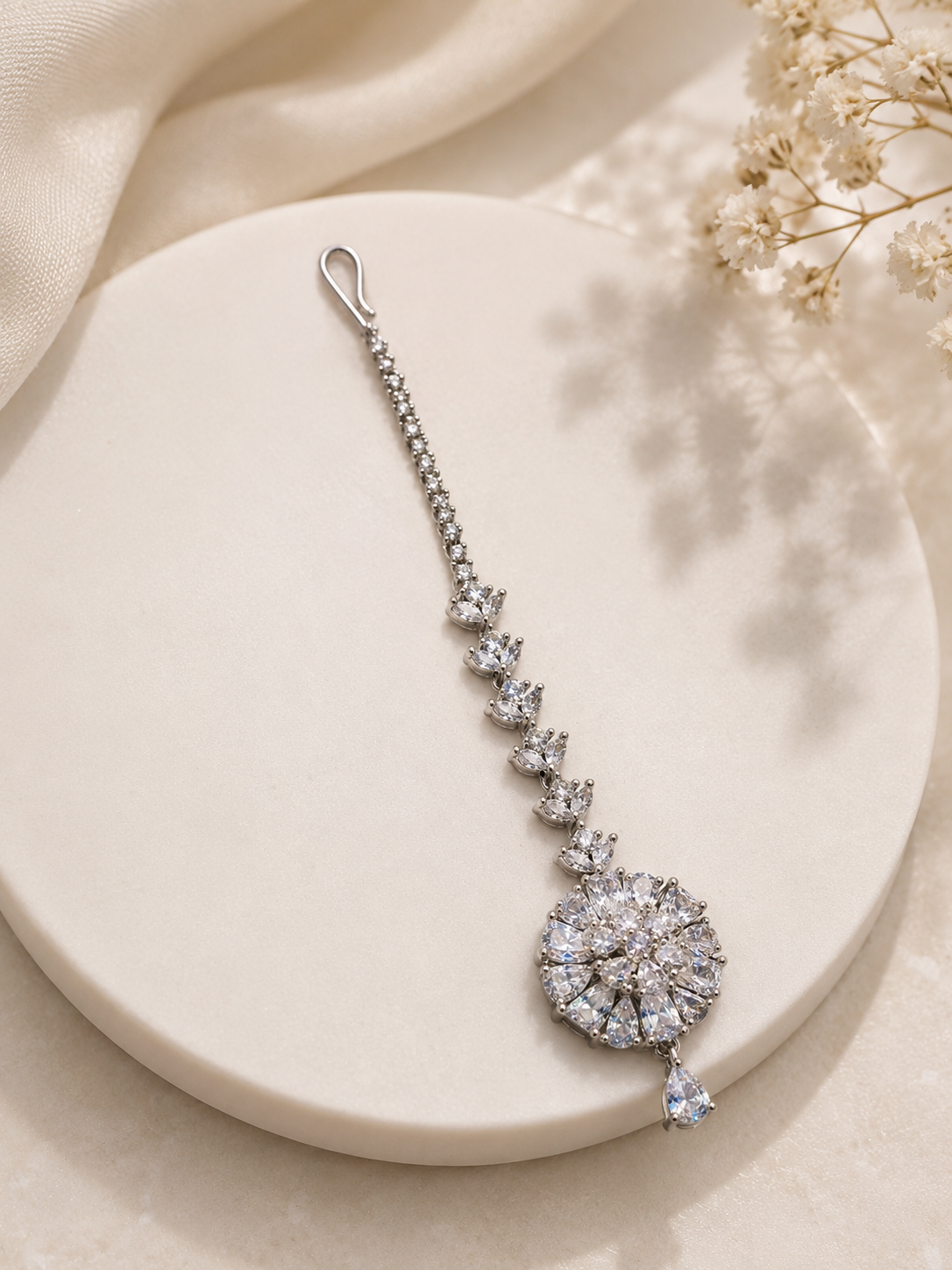 Silver Crystal Floral Maang Tikka