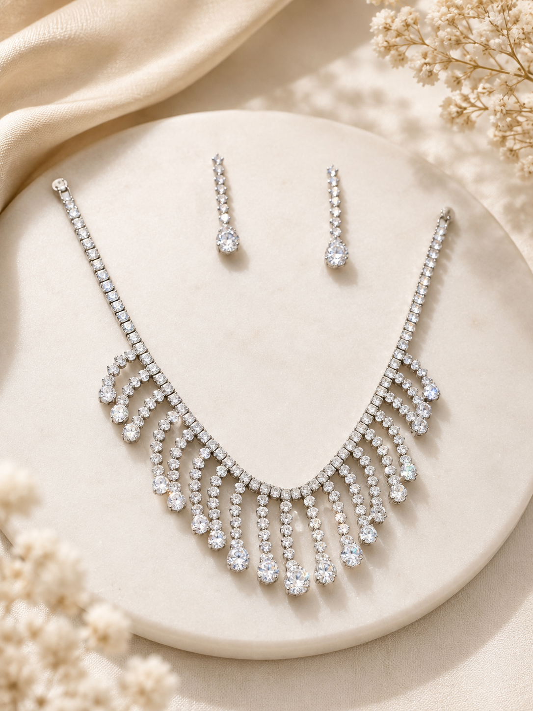 Silver Crystal Fringe Necklace & Earrings Set
