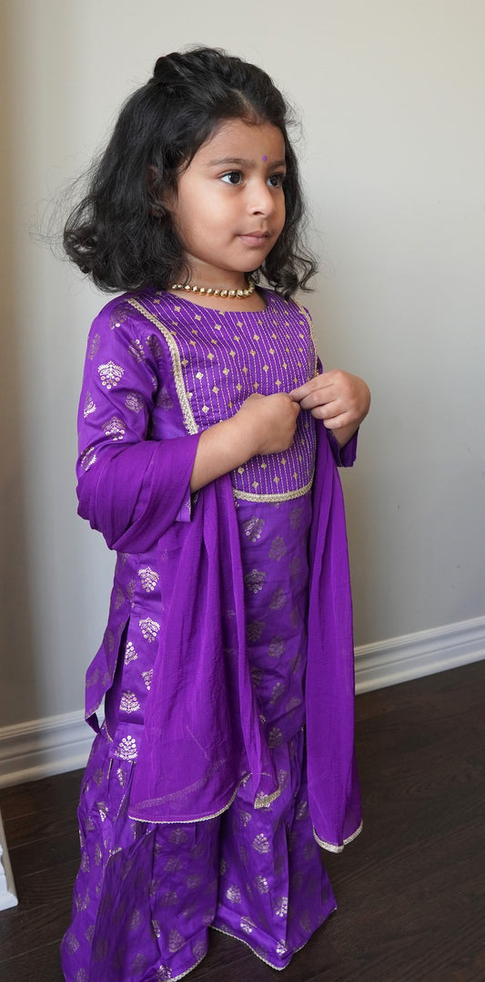 Purple Foil Printed Kurta Gharara & Dupatta Set