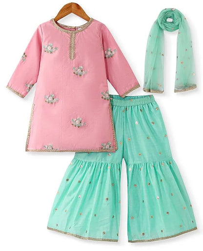 Pink & Blue - Kurti Gharara & Net Dupatta Set