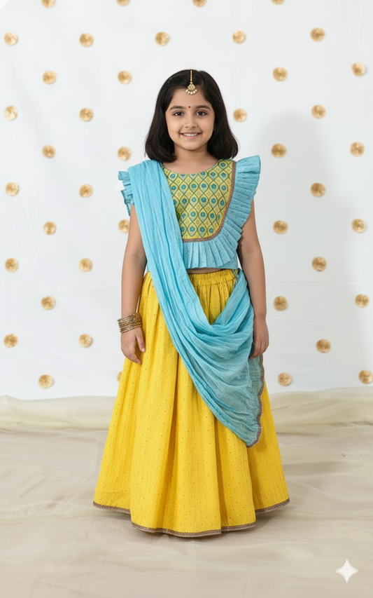 Yellow & Blue  Lehenga Choli And Dupatta