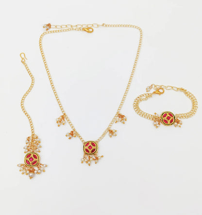 Kundan & Pearl Detailed Necklace, Bracelet & Maang Teeka Set (Dark Pink)