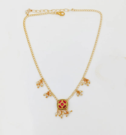 Kundan & Pearl Detailed Necklace, Bracelet & Maang Teeka Set (Dark Pink)