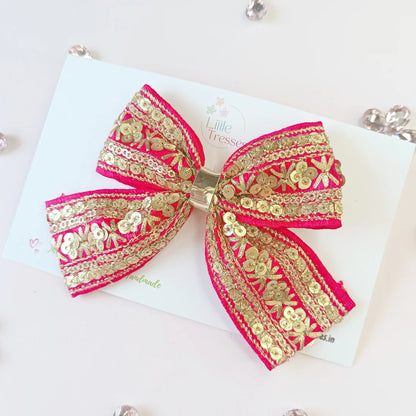 Embroidered Bow Alligator Clip - Dark Pink