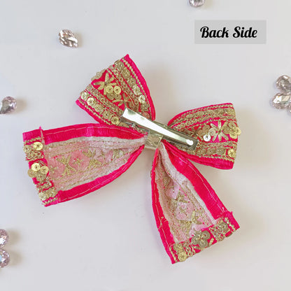 Embroidered Bow Alligator Clip - Dark Pink