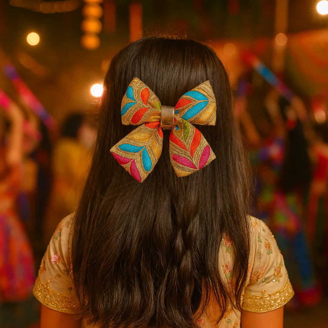 Embroidery Piggy Tail Bow Alligator Clip - Multicolor